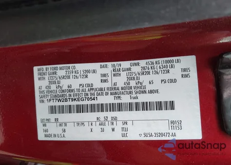 2019 Ford F-250 Lariat from USA, damaged, VIN 1FT7W2BT9KEG70541